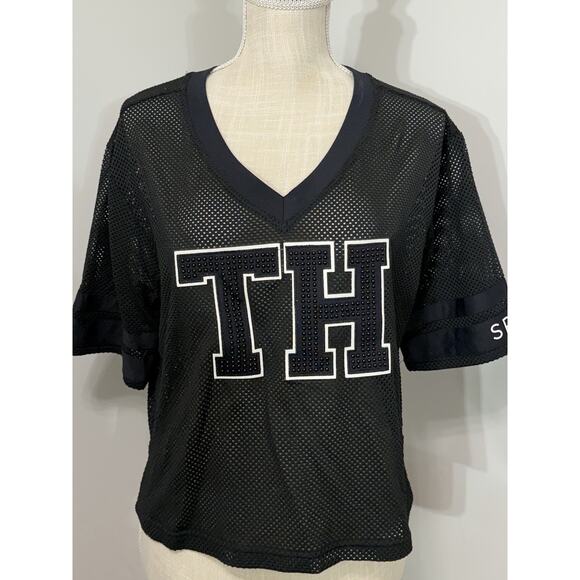 Tommy Hilfiger Sport Black Mesh Cropped Shirt Short Sleeves V-Neck "TH" Logo XS - Picture 1 of 4